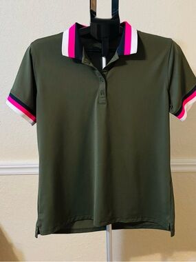 G/FORE Womens Golf Shirt Olive Green Polo with Pink & White, Navy Trim